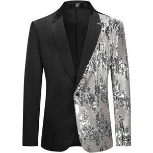Mens Colorblocking Sequin  Silver Stylish Dinner Tux Dress Blazer Slim Fit Coat